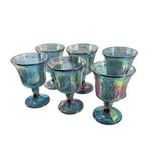 Vintage Indiana Glass Blue Carnival Harvest Grape Water Goblets Set 6